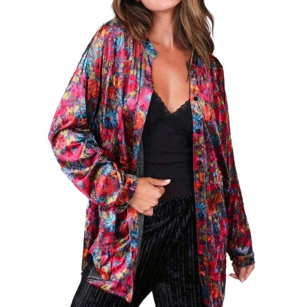 Natural Life Velvet Floral Button Down Tunic Blouse Boho Hippie Maximalist